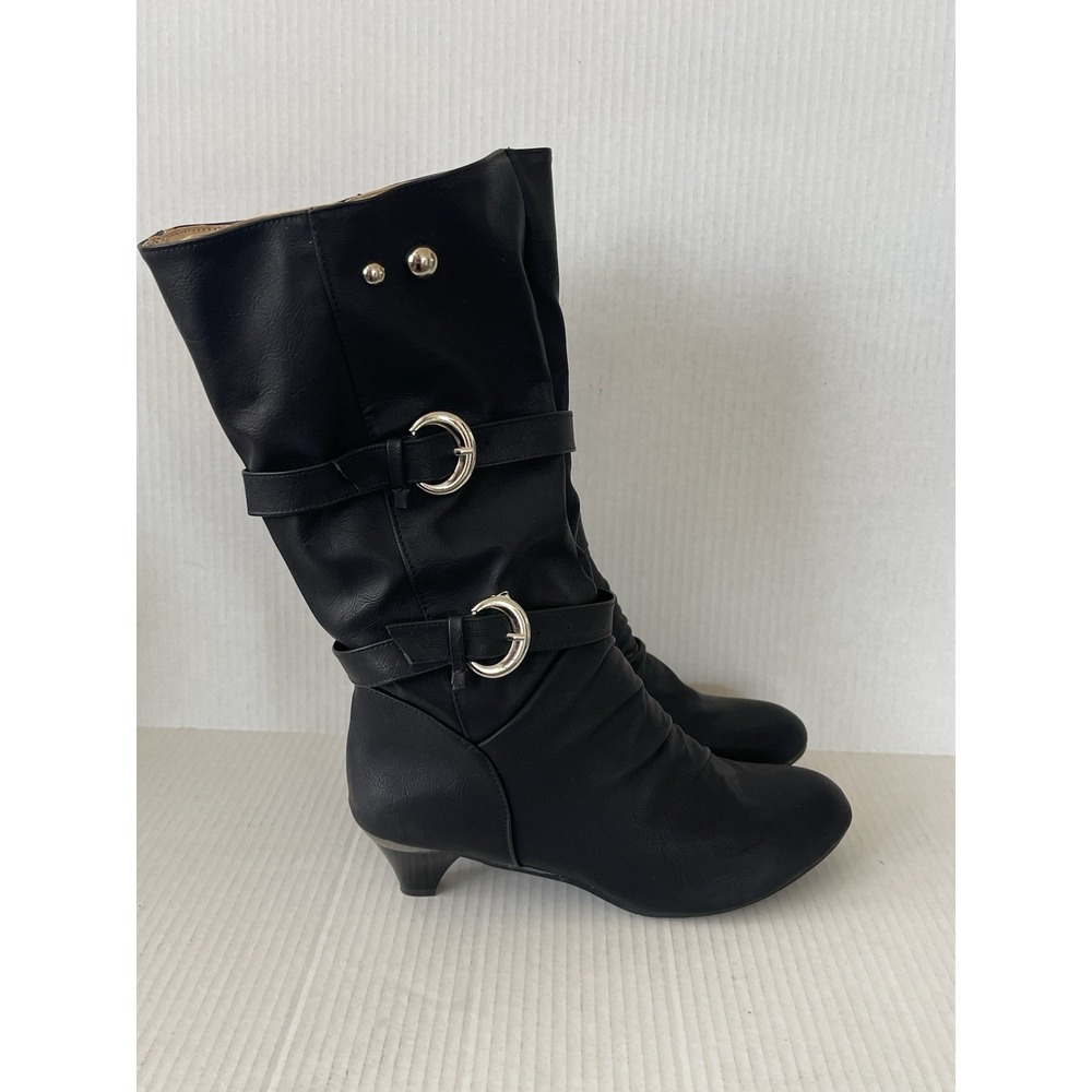 Stylish Black Slouch Mid Calf Double Buckle Boots EU 43 US 11 NWOB Kitten Heel